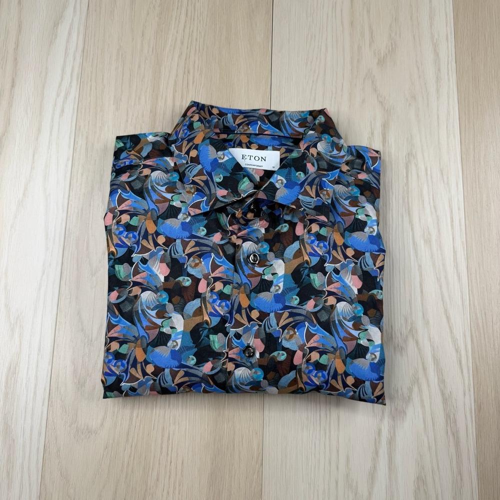Eton Contemporary Floral Print Shirt Mens Size 46 18 Long Sleeve Button Up